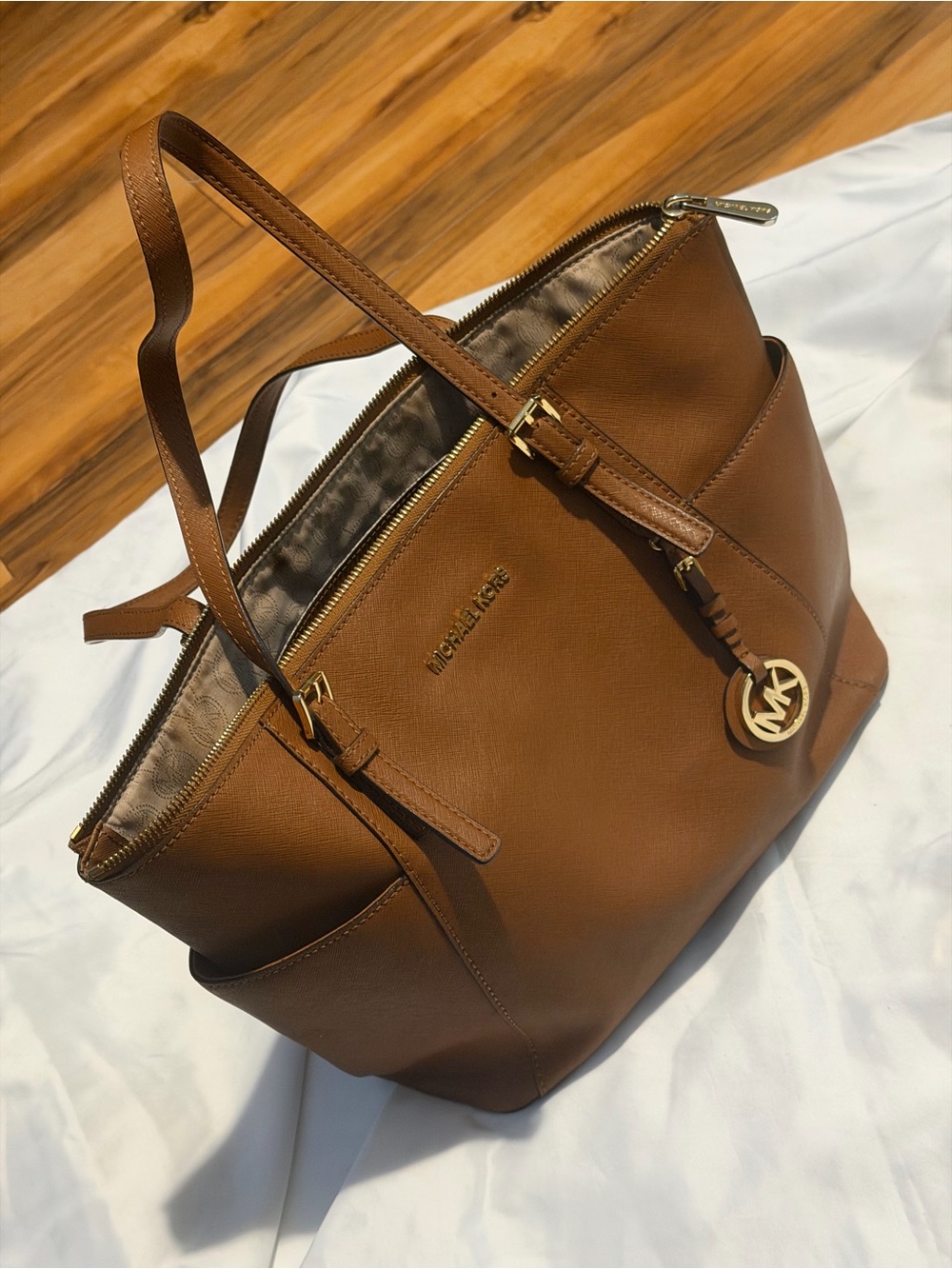 Michael Kors Cognac Leather Tote with Gold MK Charm